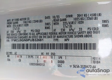 2023 Ford Escape Active из США, поврежденный, VIN 1FMCU9GN9PUB32681